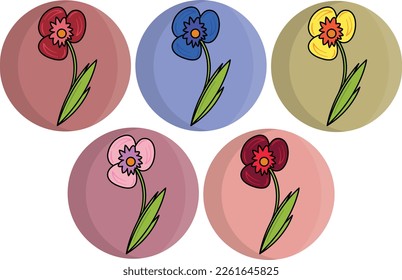 Flowers set that includes red, blue, yellow, and pink colored flowers. EPS File. Vector drawing of flowers.