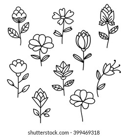 Flowers set. Set of thin line flowers isolated on white background. Floral elements. Vector illustration.