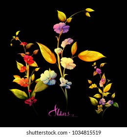 Flowers. Set of three bouquets. Flax bud with stem and leaf on black. Can be used in design purpose. Hand drawn illustration, vector - stock.