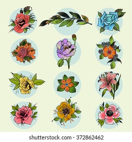 Flowers Set in Traditional Tattoo Style