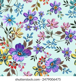 Flowers in shades of blue, light purple, yellow and small, cute, bright, hand drawn, seamless on a light blue background. Designed for fabric, fashion, textiles, wallpaper, gift wrap.