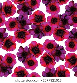 flowers in shades of purple, pink, and blue on a white background. Perfect for textiles, wallpapers, and gift wrapping, adding a touch of elegance and color.