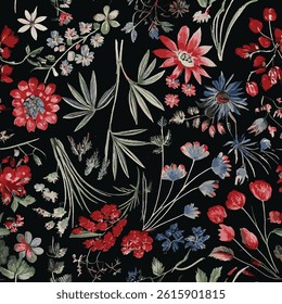 flowers in shades of red, pink, blue and purple come to life against an amber background, with detailed illustrations of green leaves and branches