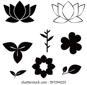  Flowers shape black silhouette set  illustrations isolated on white background contain of clover, lotus,bamboo,leaves and flowers