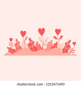 Flowers in shape of hearts with leaves. Flat design vector illustration concept for charity, help, supporting, work of volunteers isolated on stylish background