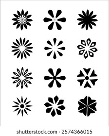 The flowers shape icon twelve pics set black and white color background is white graphics design