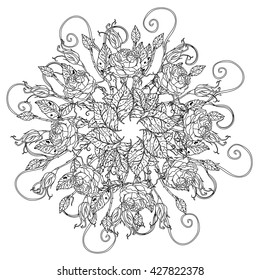 flowers in shape of mandala in old masters style bouquet for adult coloring book or for zen art therapy anti stress drawing. Hand-drawn, vector, detailed mandala, for coloring book, poster design