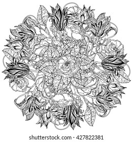 flowers in shape of mandala in old masters style bouquet for adult coloring book or for zen art therapy anti stress drawing. Hand-drawn, vector, detailed mandala, for coloring book, poster design