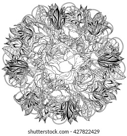 flowers in shape of mandala in old masters style bouquet for adult coloring book or for zen art therapy anti stress drawing. Hand-drawn, vector, detailed mandala, for coloring book, poster design