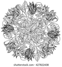 flowers in shape of mandala in old masters style bouquet for adult coloring book or for zen art therapy anti stress drawing. Hand-drawn, vector, detailed mandala, for coloring book, poster design