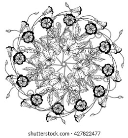 flowers in shape of mandala in old masters style bouquet for adult coloring book or for zen art therapy anti stress drawing. Hand-drawn, vector, detailed mandala, for coloring book, poster design