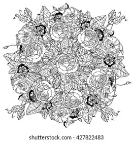 flowers in shape of mandala in old masters style bouquet for adult coloring book or for zen art therapy anti stress drawing. Hand-drawn, vector, detailed mandala, for coloring book, poster design