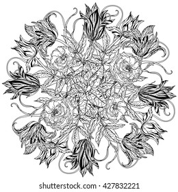 flowers in shape of mandala in old masters style bouquet for adult coloring book or for zen art therapy anti stress drawing. Hand-drawn, vector, detailed mandala, for coloring book, poster design