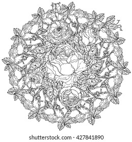 flowers in shape of mandala in old masters style bouquet for adult coloring book 