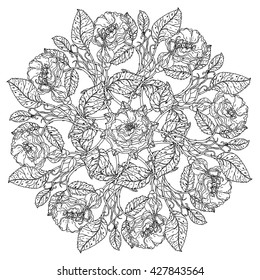 flowers in shape of mandala in old masters style bouquet for adult coloring book or for zen art therapy anti stress drawing. Hand-drawn, vector, detailed mandala, for coloring book, poster design.