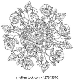 flowers in shape of mandala in old masters style bouquet for adult coloring book or for zen art therapy anti stress drawing. Hand-drawn, vector, detailed mandala, for coloring book, poster design.