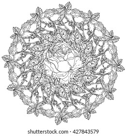 flowers in shape of mandala in old masters style bouquet for adult coloring book or for zen art therapy anti stress drawing. Hand-drawn, vector, detailed mandala, for coloring book, poster design.