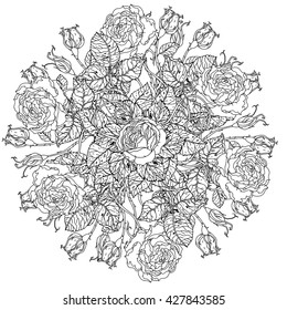 flowers in shape of mandala in old masters style bouquet for adult coloring book or for zen art therapy anti stress drawing. Hand-drawn, vector, detailed mandala, for coloring book, poster design.