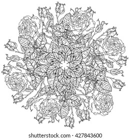 flowers in shape of mandala in old masters style bouquet for adult coloring book or for zen art therapy anti stress drawing. Hand-drawn, vector, detailed mandala, for coloring book, poster design.