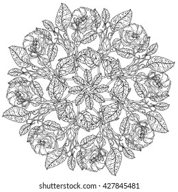 Flowers In Shape Of Mandala Old Masters Style Bouquet For Adult Coloring Book Or