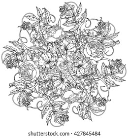 flowers in shape of mandala in old masters style bouquet for adult coloring book or for zen art therapy anti stress drawing. Hand-drawn, vector, detailed mandala, for coloring book, poster design