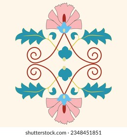 Flowers shape the suzani element- the part of the carpet, traditional textile product, and interior element. Uzbekistan. Culture of Central Asia	