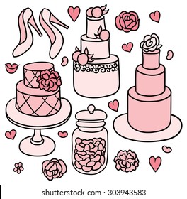 flowers, shoes, cakes and hearts - sweet romantic wedding stuff in cute doodle naive style