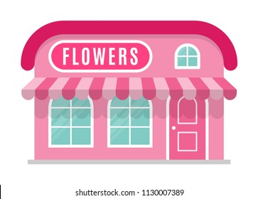 Flowers shop  with a canopy icon, symbol, store, market. Facade of the building is in a flat or cartoon style. Sign of the house is pink color. Stylish colour image. Vector isolated illustration.