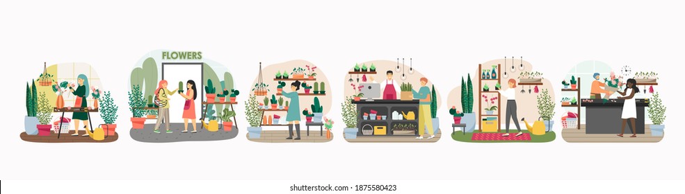Flores de fábrica concepto de ilustración vectorial. La florista femenina hace ramo de flores para el cliente. Una mujer compra plantas en un almacén de flores