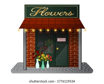 Flowers shop. Cute store on a white background. Isolated object on a white background. Cartoon style. Object for packaging, advertisements. Vector illustration.