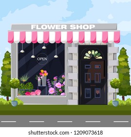 Flowers shop facade Vector. Architecture detailed cartoon style illustrations