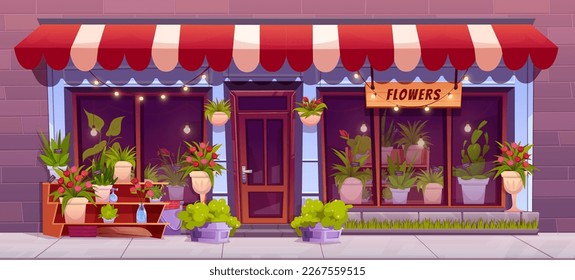 Flowers shop facade with window, door and cute plants in pots and vases. Empty city street with building exterior with floral boutique storefront, vector cartoon illustration