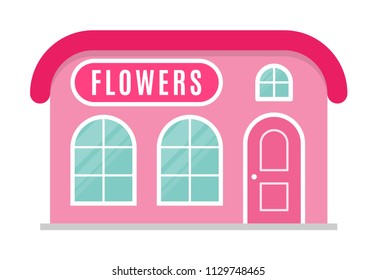 Flowers shop icon, symbol, store, market. Facade of the building is in a flat or cartoon style. Sign of the house is pink color. Stylish colour image. Vector illustration isolated on white background.