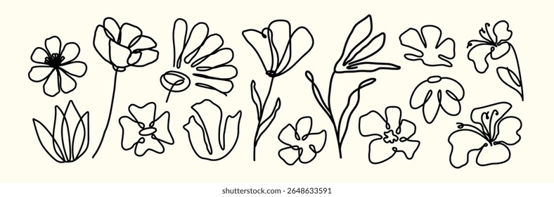 Silhueta de flores. Pincel. Pincel. Carvão, giz. Desenho. Rabisco. Tinta abstrata. Textura grunge. Forma de minimalismo na moda. Planta de botânica. Lápis. Floral. Elementos simples. Traçado editável. Rabiscar