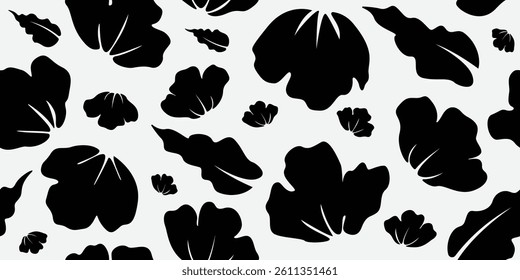 Flowers silhouette seamless hand drawn pattern. Minimal flower illustration background. Black and white  background. textile for design, postcard, wallpaper, covers, card, banner, backdrop and poster.