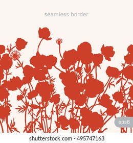 Flowers silhouette seamless vector border isolated on white background. Monochrome floral illustration. Hand drawn sketch. Design for cosmetics, organic product, card, background. Ranunkulus. 