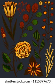 Flowers silhouettes set color vector illustration botany hand drawing