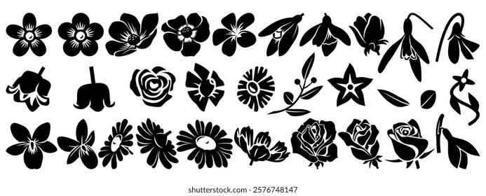 Flowers Silhouettes Set. Vector cliparts isolated on white.