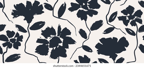 flowers silhouettes vector seamless pattern. ink brush texture. daisy painted by brush. Small branches with leaves, stems with flowers. Abstract plant motif. Black brush painted floral.