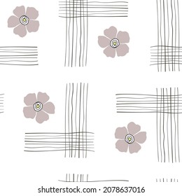 Flowers are simple minimalism and graphic lines. Seamless geometric pattern on a white background for fabric, packaging, bedding, cover.