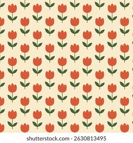 Flowers with simple shapes tulips. Seamless vector pattern in retro 70s style. Groovy vintage floral repeating pattern with flowers, simple shapes.