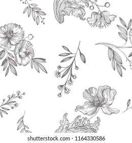 Flowers sketch botanical seamless with hand drawn roses branch and flower in vintage style vector illustration isolated on white