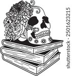 Flowers and skull book stacks with editable strokes. Vector illustration.