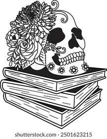 Flores y pilas de libros de calaveras con trazos editables. Ilustración vectorial.