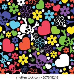 Flowers, skulls and hearts - seamless pattern