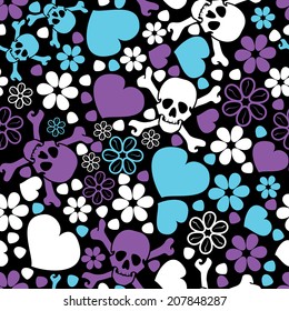 Flowers, skulls and hearts - seamless pattern