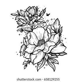 Flowers and small butterfly. Vector tattoo in vintage style. Isolated vector illustration.Tattoo salon logos and tattoo machine isolated on white background. Design elements, icons, badges and stamps.
