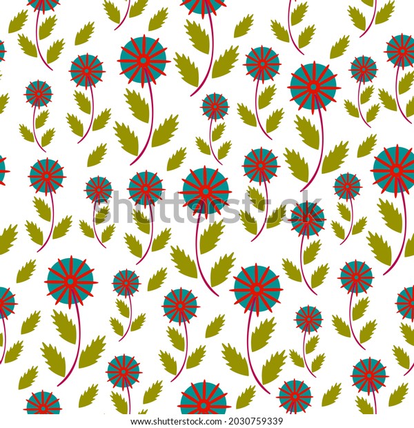 Flowers with small\
leaves and delicate foliage. Background or print for greeting\
cards, textiles or wrappers. Seamless pattern, vector in a flat\
style, with decorative\
flowers.