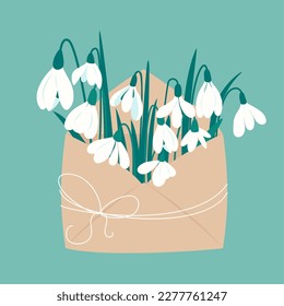 Flowers of snowdrops in envelope. First spring flowers. Delicate flowers of snowdrops for your design. Cute spring greeting card, invitation, banner. Vector illustration,  mint, turquoise background