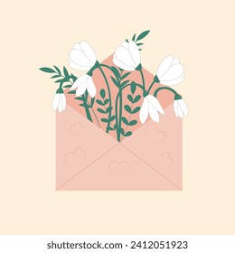 Flowers snowdrops in the envelope. Floral greeting card, cartoon bouquet. Mother's day, women's day, wedding gift, Valentine's day. Beautiful spring botanical vector illustration in flat style. 